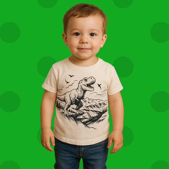 🦖 Old Navy Dino Graphic Tee | Toddler Boys 3T | Beige Short Sleeve T-Rex Shirt - Picture 1 of 6